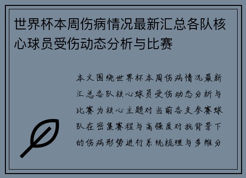世界杯本周伤病情况最新汇总各队核心球员受伤动态分析与比赛